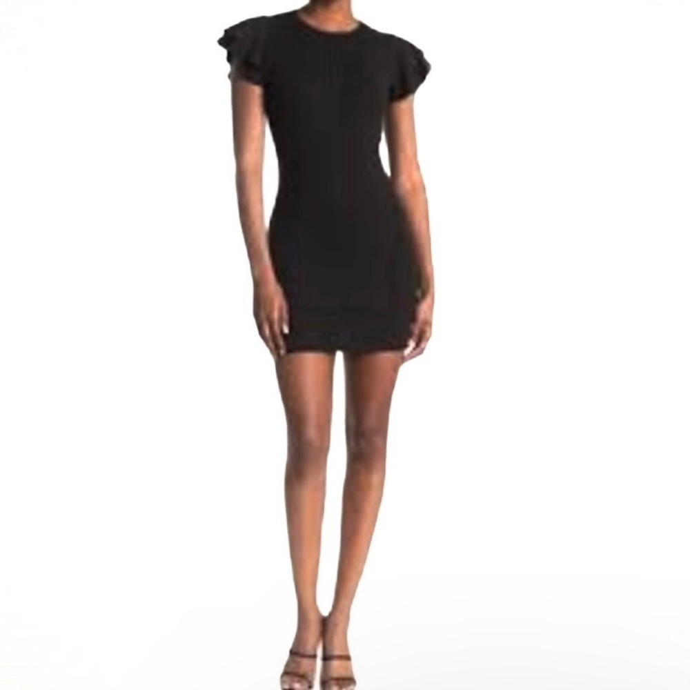 Velvet Torch Black Ribbed Ruffle Sleeve Mini Bodycon Dress Sz XS